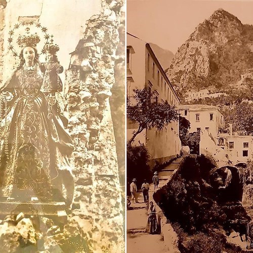 Two evocative photographs. The first shows the revered statue standing before the sole remaining pillar after the devastation. The second depicts the sanctuary, perched high above, as it appeared before the disaster struck<br />&copy; Pasquale De Crescenzo