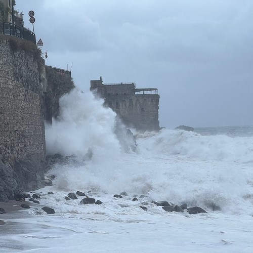 Towering waves batter the historic Torre Normanna of Maiori, with the agitated waters creating a spectacular yet ominous display of the region's tempestuous weather<br />&copy; Massimiliano D'Uva