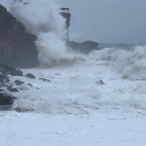 The Torre Normanna in Maiori withstands the force of crashing waves during the storm<br />&copy; Massimiliano D'Uva